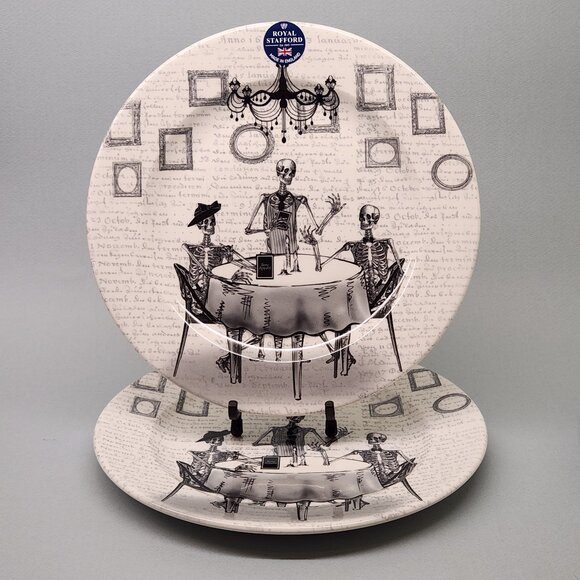 Set of 2 Dinner Plates - Royal Stafford Skeletons Dining Halloween China Dishes - Picture 1 of 6